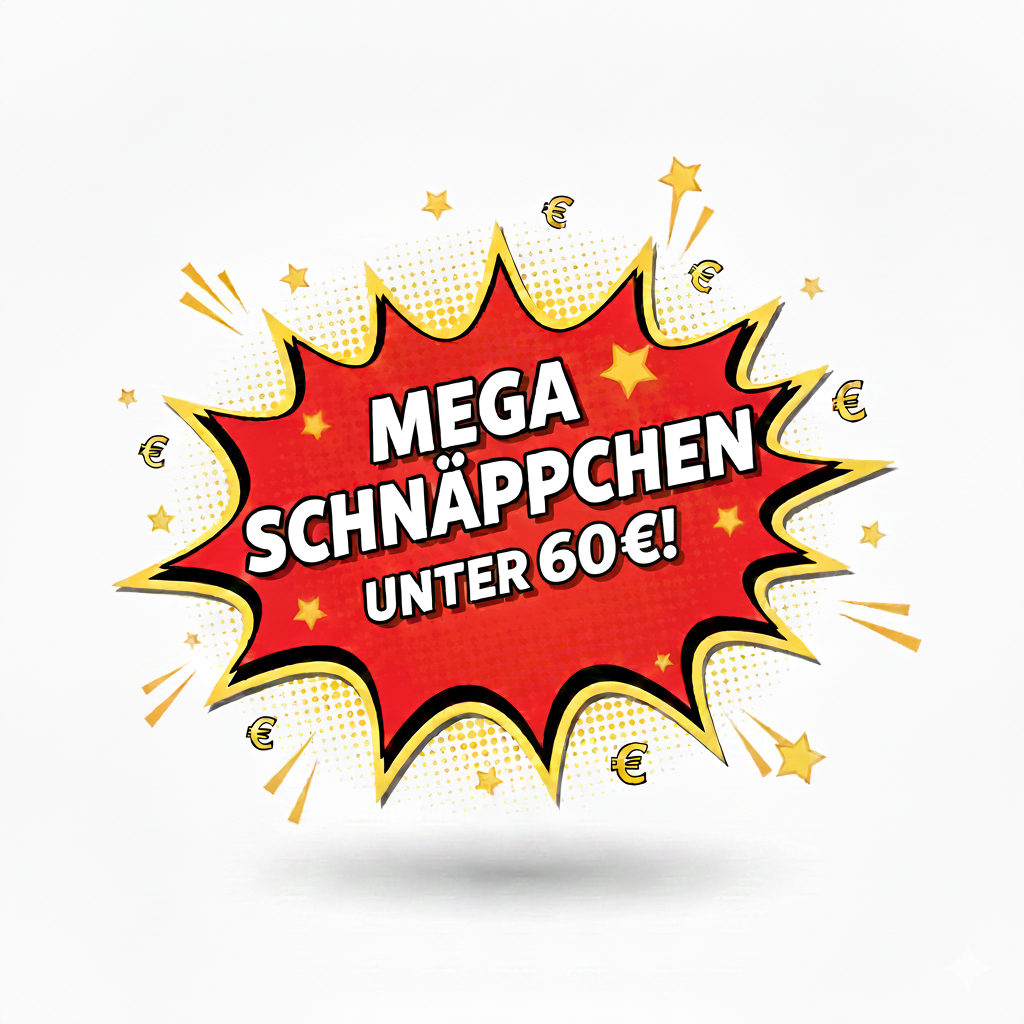 Grafik mit rotem Comic-Badge und dem Schriftzug ‚Mega Schnäppchen unter 60 €‘ – Hinweis auf hochwertige Angebote zum Vorteilspreis
