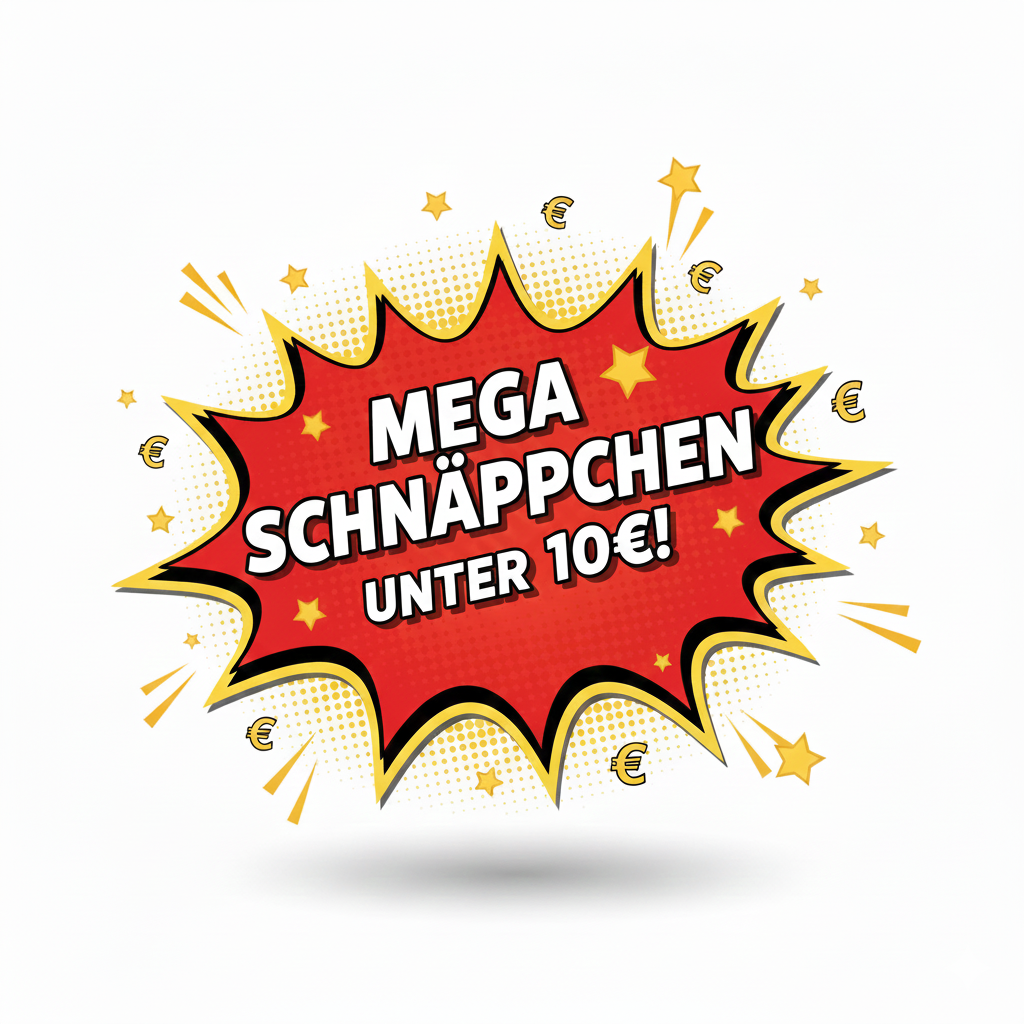 Grafik mit rotem Comic-Badge und dem Schriftzug ‚Mega Schnäppchen unter 10 €‘ – Hinweis auf günstige Angebote und preiswerte Produkte