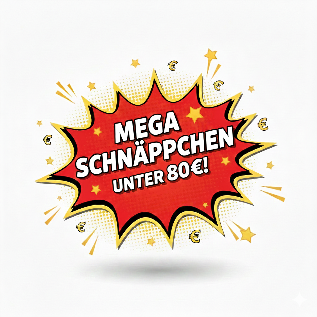 Grafik mit rotem Comic-Badge und dem Schriftzug ‚Mega Schnäppchen unter 80 €‘ – Hinweis auf günstige Angebote und reduzierte Produkte.