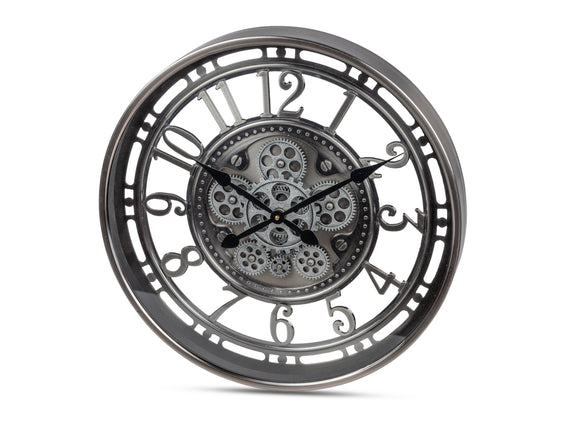 Wanduhr Ø 54cm mit beweglichen Zahnräder Silber-Antik