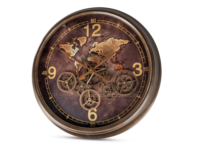 Wanduhr Ø 62cm  mit bweglichen Zahnräder + Weltkarte