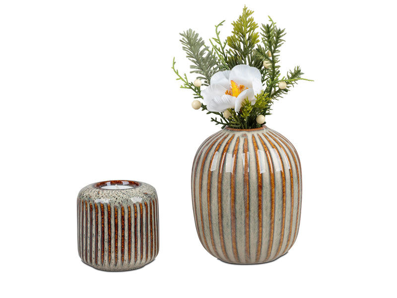 formano Keramik Teelichtleuchter – Reaktions-Glasur Creme-Grau mit Rillen-Relief, Ø 9 cm