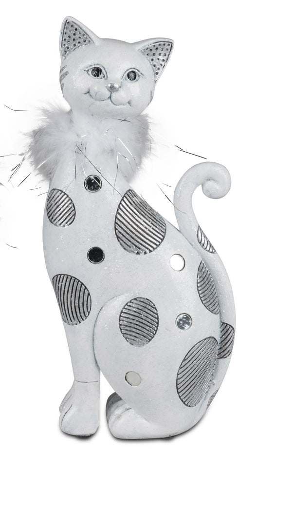 Figur, Katze weiss-silber +  Federn H: 27cm
