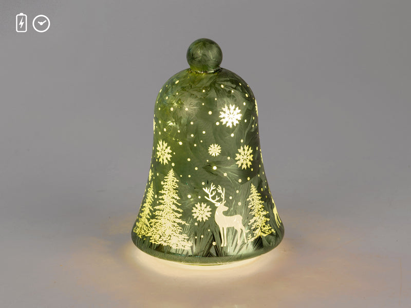 LED Deko Glocke Winterzeit Hirsch grün H. 17cm