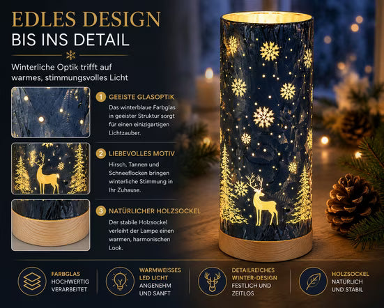 LED Tischlampe WINTERBLAU mit Hirsch und Tannen H. 25cm aus Glas Formano