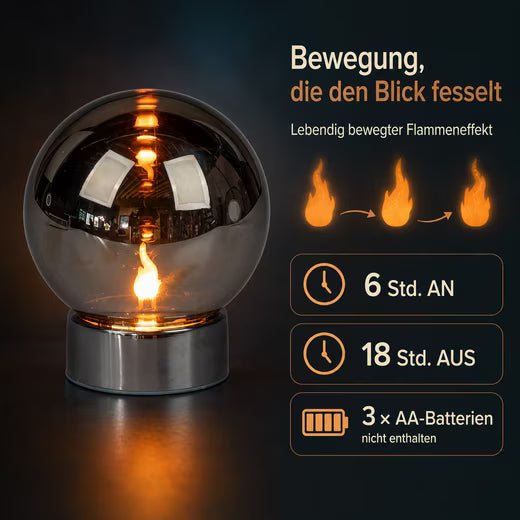 LED Dekolicht LED Deko-Kugel Magic Flame Silber Glas 15 cm Timer Flammeneffekt