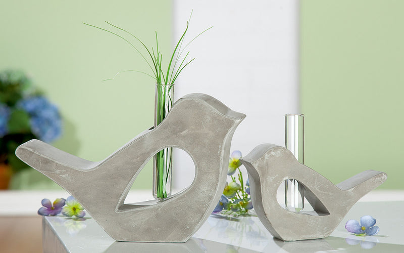 Gilde Vögel 2er Set als Blumenvase – Zement-Deko mit Reagenzglas, 23 cm & 15 cm
