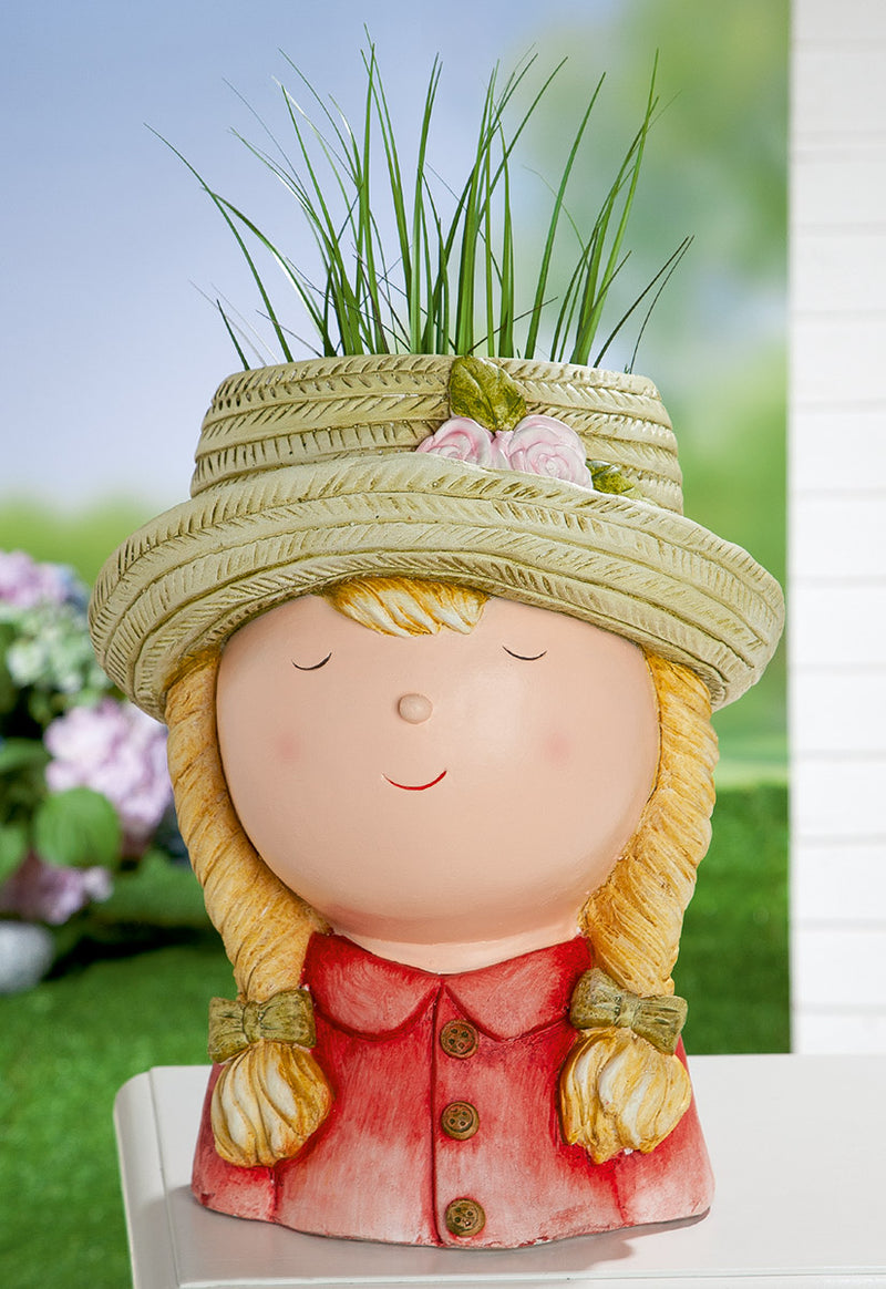 Gilde Pflanztopf Kind „Hannah“ – Dekofigur aus Magnesia, wetterfest, 30 x 30 cm