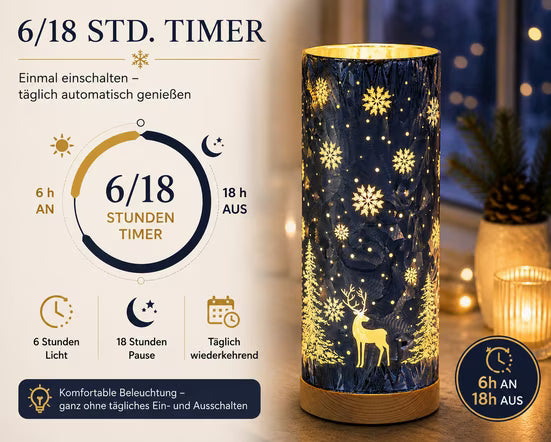 LED Tischlampe WINTERBLAU mit Hirsch und Tannen H. 25cm aus Glas Formano