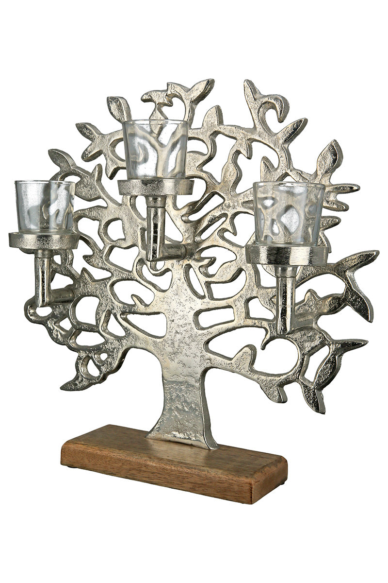 Gilde Teelichtleuchter Lebensbaum 38cm – Edler Kerzenhalter aus Aluminium & Mangoholz