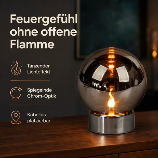 LED Dekolicht LED Deko-Kugel Magic Flame Silber Glas 15 cm Timer Flammeneffekt
