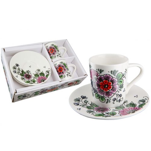 Gilde Espresso-Set „Florale“ für 2 Personen – Edles Knochenporzellan, inkl. Geschenkkarton