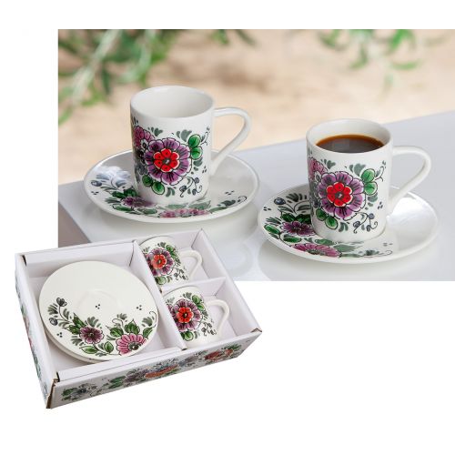 Gilde Espresso-Set „Florale“ für 2 Personen – Edles Knochenporzellan, inkl. Geschenkkarton