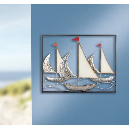 Gilde Metall Wandrelief „3 Segelboote“ – Maritime Wanddeko XL, 69 x 54 cm