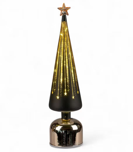 LED Dekolicht Weihnachtsbaum drehend Baum 38 cm schwarz-gold aus Farbglas mit Timer