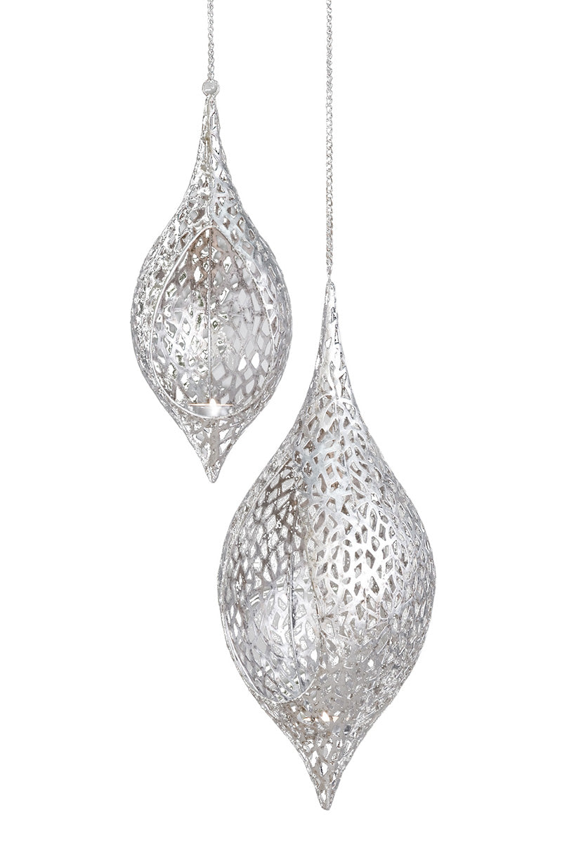 Gilde Hänger Teelichtleuchter Purley 2er Set – Silberne Metall-Windlichter 99cm & 86cm