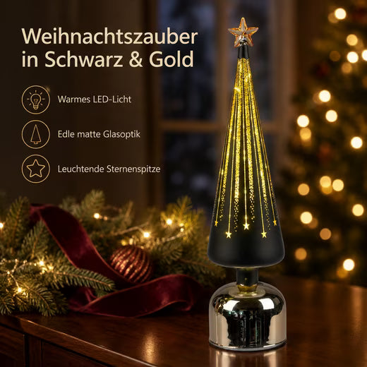 LED Dekolicht Weihnachtsbaum drehend Baum 38 cm schwarz-gold aus Farbglas mit Timer