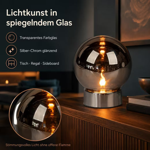 LED Dekolicht LED Deko-Kugel Magic Flame Silber Glas 15 cm Timer Flammeneffekt