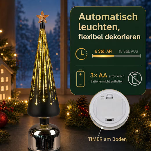LED Dekolicht Weihnachtsbaum drehend Baum 38 cm schwarz-gold aus Farbglas mit Timer