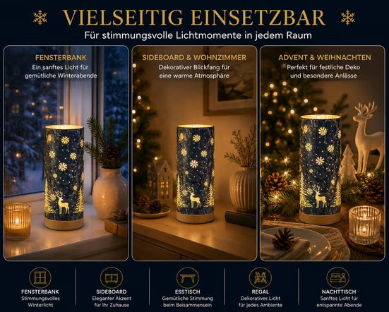 LED Tischlampe WINTERBLAU mit Hirsch und Tannen H. 25cm aus Glas Formano