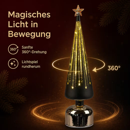 LED Dekolicht Weihnachtsbaum drehend Baum 38 cm schwarz-gold aus Farbglas mit Timer